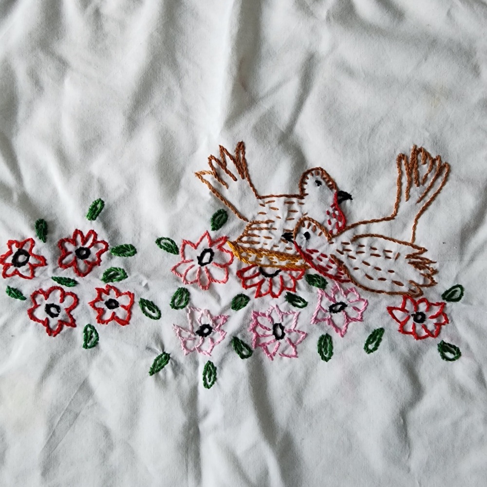 Embroidered Love Birds Decor Lace Trim White Vintage Cottagecore Art Handmade